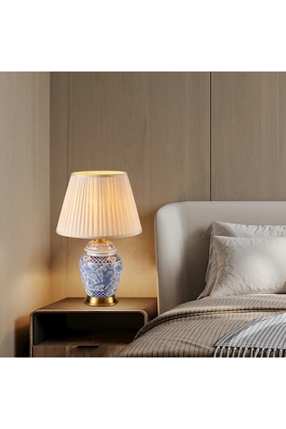 Elea Blue Blanc Desenli Seramik Oturma Odası Salon Abajur Lacivert