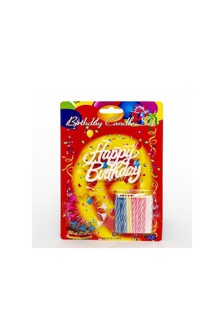 Mey İthalat Rengarenk Mumlu Beyaz Happy Birthday Yazılı Doğum Günü Mumu 12 Adet Çok Renkli