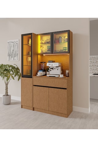 Bambu Midi Sol Vitrinli Komple Mdf Led Aydınlatmalı Kahve Köşesi