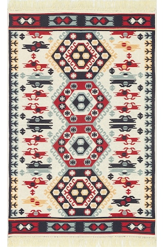 Red Cream Yıkanabilir Çift Taraflı Modern Desenli Dokuma Kilim