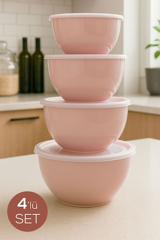 4 Lü Yuvarlak Kase Seti Pembe 1l, 1.5l, 2.3l, 3.3l Kapaklı Çok Amaçlı Mutfak Saklama Kabı Pembe