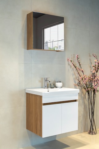Star Banyo Dolabı Seti 60 Cm Egzotik Meşe & Parlak Beyaz Aynalı Lavabolu Mdf Egzotik Meşe & Parlak Beyaz
