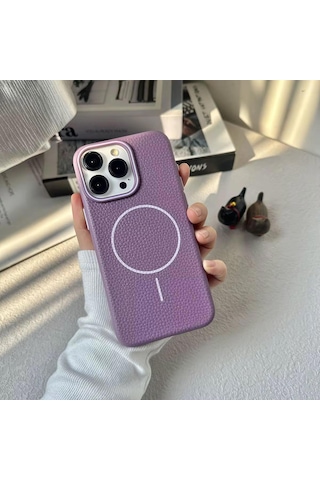 Apple Uyumlu iPhone 15 Plus Beats Magsafe Deri Görünümlü Silikon Kılıf Kapak Mor