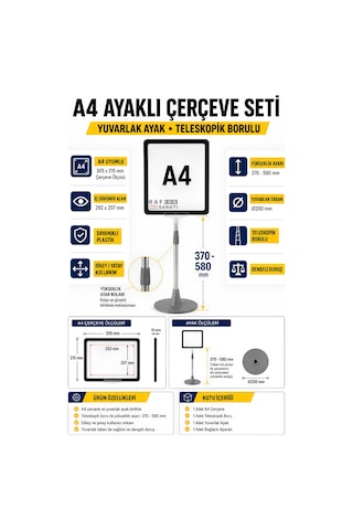 10 Adet - A4 Ayaklı Çerçeve Seti Yuvarlak Tabanlı Teleskopik Fiyat Etiketi Standı Siyah