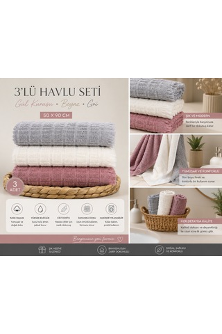 3'lü Pamuklu El Yüz Havlusu Seti 50x90 Cm Yumuşak Dokulu Yüksek Emici Günlük Kullanım Havlu Gri