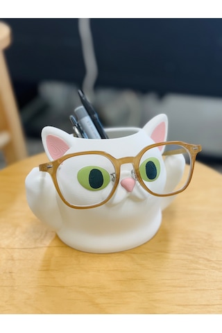 Kedi Tasarımlı Gözlük Ve Kalemlik Standı Çok Amaçlı Masaüstü Organizer 17x12x12cm Beyaz