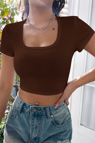 Cosmos E-ticaret Kadın Kahverengi Yarım Kol Düz Yaka Crop Top Bluz Çok Renkli
