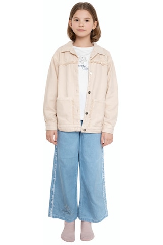 Irem Kız Çocuk Çiçek Püskül Detaylı Ceket Geniş Paça Pantolon Sweatshirt Üçlü Krem Renk Bayramlık Takım Krem