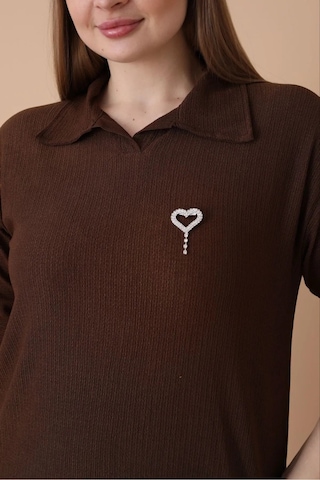 Kadın Günlük Patlı Gömlek Yaka Pantolon Takım Bürümcük Kumaş Kahverengi