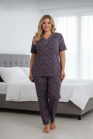 Eyfuze Kadın Büyük Beden Yakası Düğmeli Kısa Kollu Bambu Pijama Takımı Füme