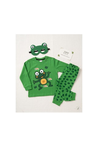 Deniva Kids Erkek Çocuk Yeşil Kurbağa Baskılı Uzun Kollu Pijama Takımı Ve Uyku Maskesi Seti