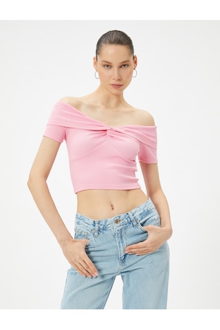 Koton Crop Madonna Yaka Tişört Fitilli Kısa Kollu Düğüm Detaylı Pamuklu Pembe 4sal11060ık Gül Rengi