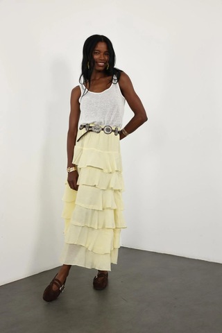 Sarı Beli Lastikli Volanlı Maxi Etek 4097 Sarı