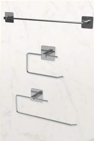 Karteya Yapışkanlı Gümüş Rulo Havluluk Ve Uzun Havluluk Wc Kağıtlık Banyo Mutfak 3'lü Set Krom