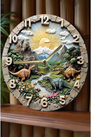 Sessiz Yuvarlak Ahşap Duvar Saati, Kuvars Dinazorlar 2d Sdw027 Renkli
