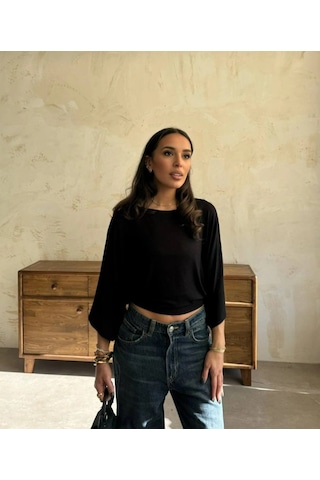 Defymoda Kadın Kayık Yaka Yarasa Kol Dökümlü Kısa Bluz Siyah