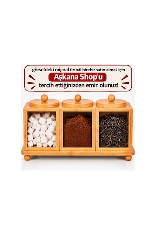 3 Lü Doğal Bambu Baharatlık Çay Şeker Kahve Saklama Kabı Stand Tepsili Kapaklı Mutfak Organizer Seti Kahverengi