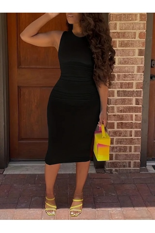 Sinemonline Kadın Bodycon Midi Boy Dalgıç Elbise Siyah