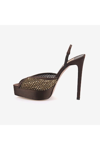 Hawen Angels Kadın Fileli 14cm Uzun Topuklu Gece & Abiye Ayakkabı 9081 Kahverengi