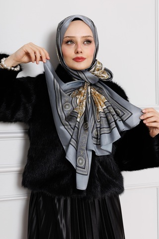 Sevitli Versace Desenli Hint İpeği Şal-antrasit-4538