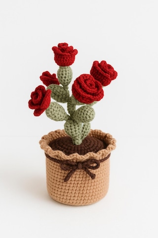 El Yapımı Örgü Saksılı Gül - Yeni İş Hediyesi - Özel Gün Hediyesi