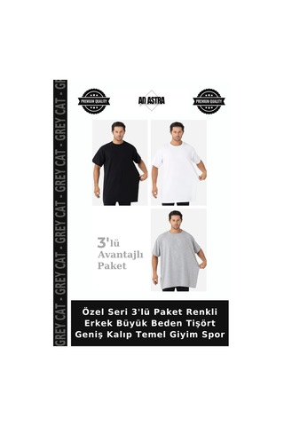Grey Cat Özel Seri 3'lü Paket Renkli Erkek Büyük Beden Tişört Geniş Kalıp Temel Giyim Spor Beyaz Siyah Gri