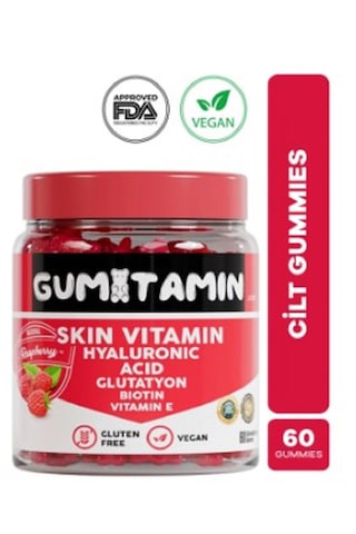 Gumitamin Cilt Vitamini Vegan Gummy, Hyaluronik Asit, Glutatyon, Biotin, Vitamin E, Dogal Ahududu Aromalı