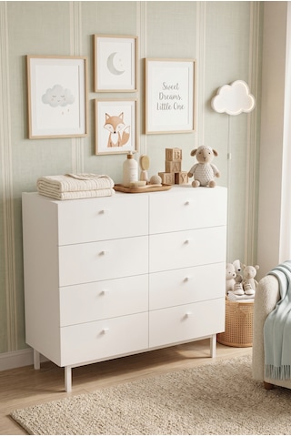 Robinhome Bebek Odası Çocuk Odası Geniş Şifonyer 8 Çekmeceli Ahşap Ayaklı Beyaz