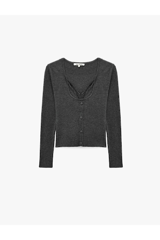 Koton İkili Katmanlı Dantel Detaylı Slim Fit U Yaka Uzun Kollu Düğmeli Triko Hırka Antrasit 7wal90146ıt