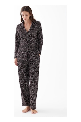 İkikareshop Kadın Siyah Düğmeli Kalp Desenli Pamuklu Pijama Takımı Çok Renkli