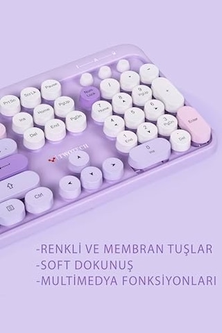 Renkli Tuşlu Kablosuz Türkçe Klavye+mouse Seti Uyumlu - Mor Diğer
