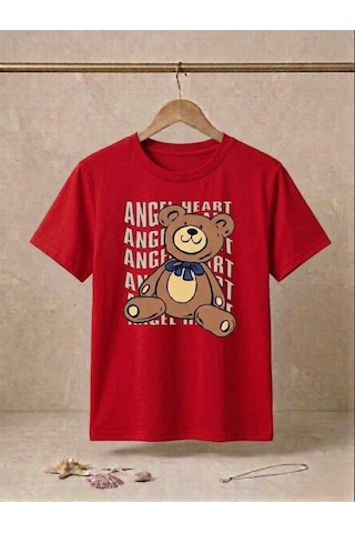 Unisex Ayıcık Baskılı Kompakt T-shirt Kırmızı
