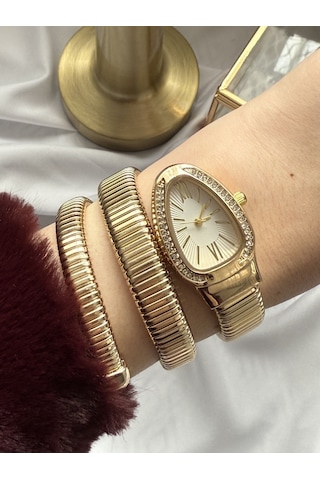 Gold Taşlı Yılan Model Saat Altın - Gümüş