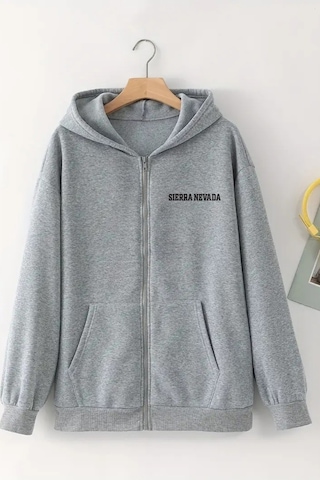 Unisex Gri Kapüşonlu Fermuarlı Hırka Sierra Nevada Baskılı, Şardonlu Kalın Kumaş Gri