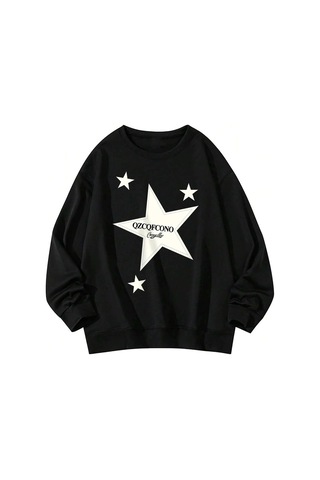 Tarzsokak Letter & Star Pattern Drop Shoulder Pullover Siyah