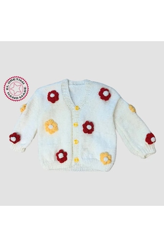 Uretti - Rukiye 7294 - El Örgüsü Çiçek Motifli Kız Çocuk Hırka 5 Yaş - Beyaz Beyaz