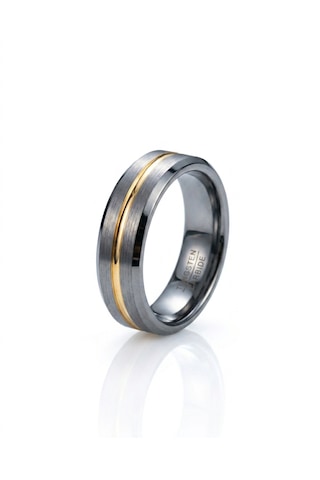 Erkek Gümüş Renk Gold Çizgi Detay 6 Mm Tungsten Yüzük