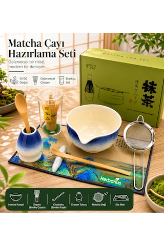 6 Parça Mavi Beyaz Renk Matcha Çayı Hazırlama Seti - Geleneksel Japon Matcha Seti Mavi - Beyaz