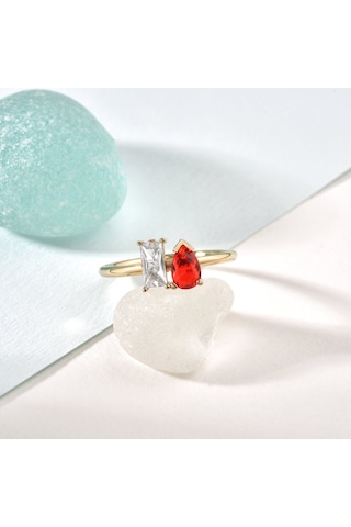 14 Ayar Altın Kaplama Kalp Ve Damla Renkli Taşlı Yüzük - Rs00114 Altın