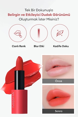 Missha Dare Rouge Velvet Yoğun Pigmentli Blur Etkili Nemli Kadife Bitişli Ruj 32 Scarlet Code