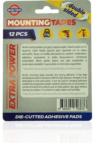 Boss Tape 3876 Çift Taraflı Ekstra Güçlü Montaj Bandı Ped 25mmx30mm 12li Blister