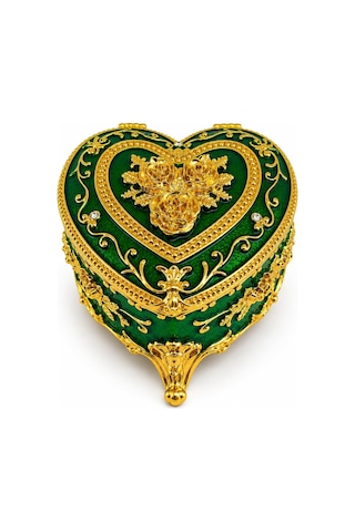 Kalp Şeklinde Mücevher Kutusu Gold İşlemeli Takı Kutusu 6x9 Cm Yeşil / Kristal Taş Detaylı, 5 Renk Seçeneği, Çok Renkli
