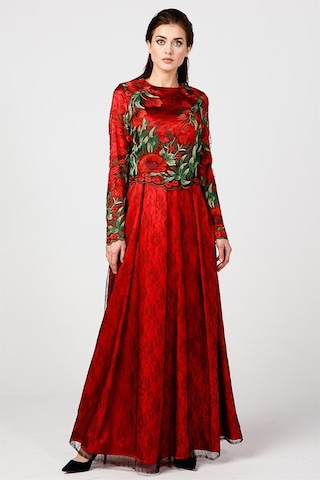 Kırmızı - Çiçek Detaylı Dantel Abiye Elbise Kırmızı