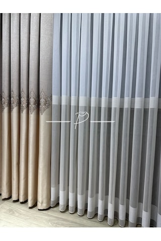 Tül Perde Bantlı Armür İzmir Desen Çift Renk Açık Bej Çok Renkli