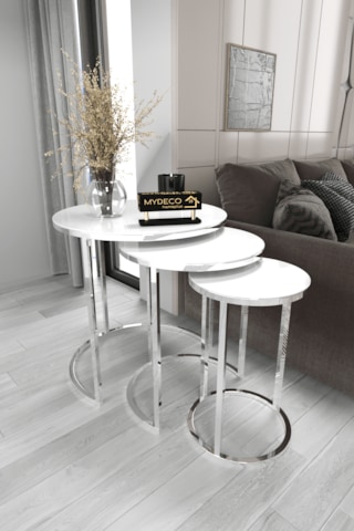 3'lü C Zigon Sehpa Gümüş Ayak Beyaz Ayna