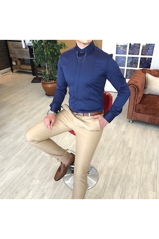 Italyan Kesim Slim Fit Erkek Saten Zincirli Gömlek Lacivert T4802
