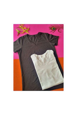Demirsa Boutique Yarım Kol V Yaka 2'li Siyah Ve Beyaz Renk Modal Kadın Atlet T-shirt Siyah-beyaz