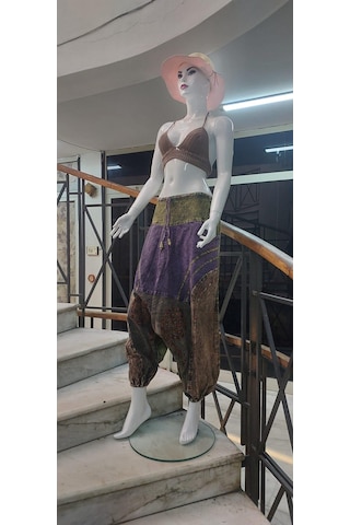 Bohem Stil Hint Otantik Yıkamalı Taşlanmış Patchwork Unisex Şalvar Pantolon-9188 Haki