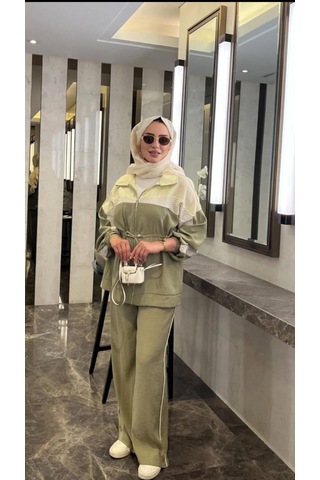Yussewear Yw Kadın Tasarım Model Oversize İkili Takım Bej - Yeşil