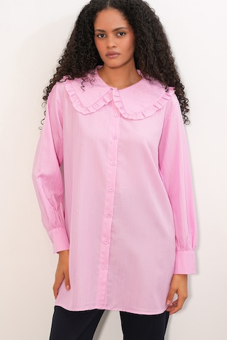 Bigdart Kadın Geniş Yaka Fırfır Detaylı Çizgili Tunik Gömlek 5993 - Pembe